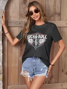 SHEIN LUNE Áo thun nữ Đồ họa Lá thư Giải trí - Màu xám đen - Xem 5