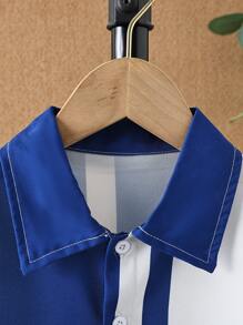 SHEIN 男小童短袖藍白色拼貼休閒襯衫帶時髦西裝領,春夏 - 藍白色 - 查看 3