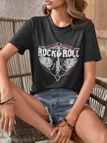SHEIN LUNE Áo thun nữ Đồ họa Lá thư Giải trí - Màu xám đen - Xem 6