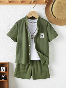 SHEIN Toddler Boys Letter Patched Detail Shirt & Shorts Without Tee - Army Green - View 1