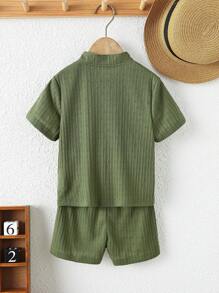 SHEIN Toddler Boys Letter Patched Detail Shirt & Shorts Without Tee - Army Green - View 2