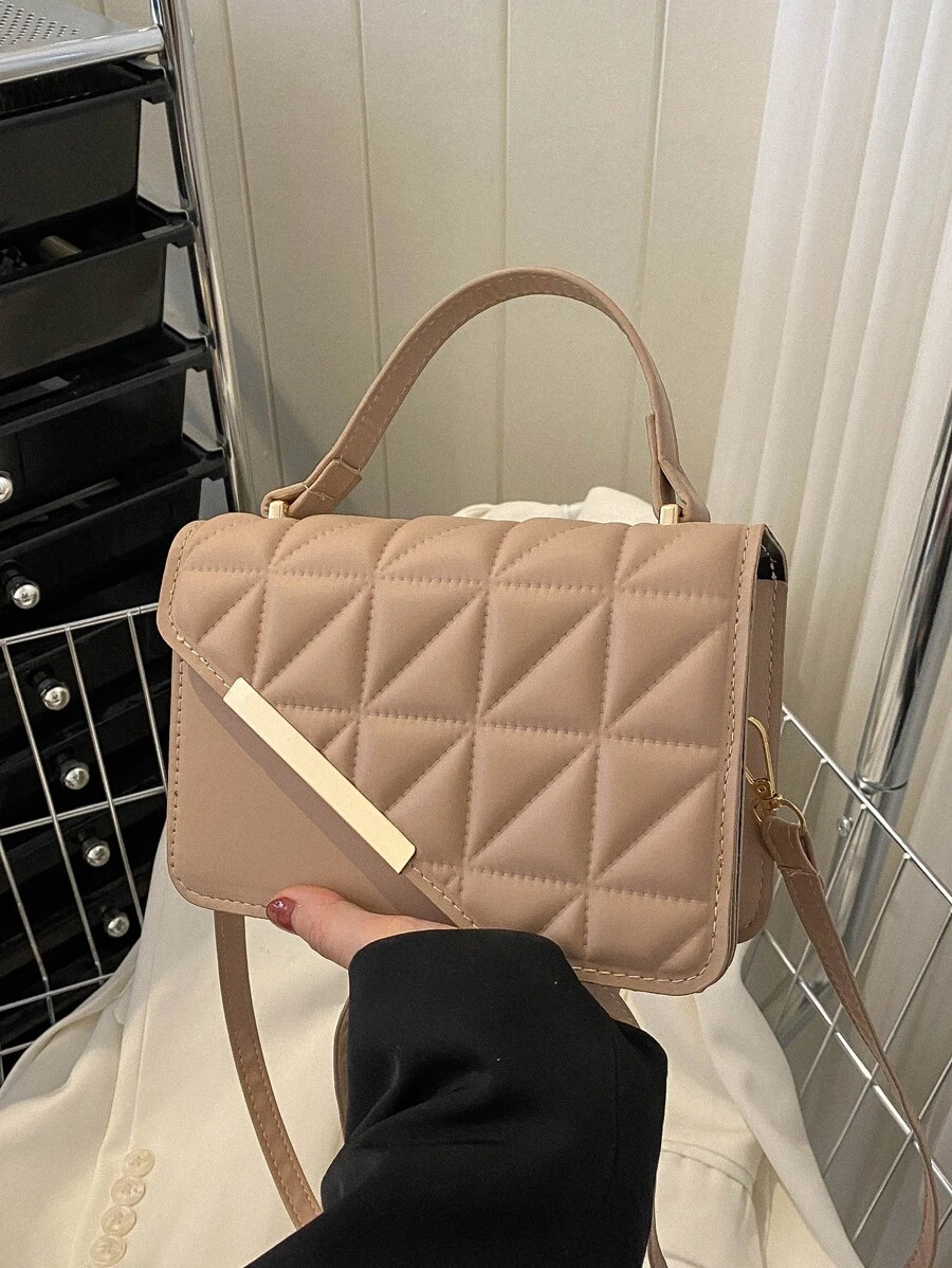 Lightweight, Business Casual Mini Square Bag Quilted Asymmetric Flap PU For Teen Girls Women College Students, Rookies & White-Collar Workers Perfect For Office, College, Work, Business, Commute, Outdoors, Travel, Outings , New Year, Cream Bag - Khaki - View 1