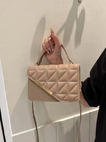 Lightweight, Business Casual Mini Square Bag Quilted Asymmetric Flap PU For Teen Girls Women College Students, Rookies & White-Collar Workers Perfect For Office, College, Work, Business, Commute, Outdoors, Travel, Outings , New Year, Cream Bag - Khaki - View 2