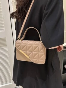 Lightweight, Business Casual Mini Square Bag Quilted Asymmetric Flap PU For Teen Girls Women College Students, Rookies & White-Collar Workers Perfect For Office, College, Work, Business, Commute, Outdoors, Travel, Outings , New Year, Cream Bag - Khaki - View 5