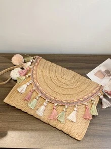 翻蓋草編包流蘇和絨球裝飾度假 - 卡其色 - 查看 2