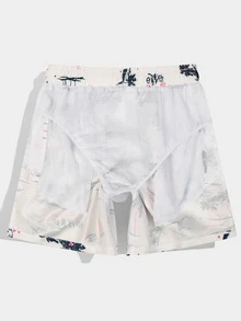 Manfinity Hombres Shorts de natación con estampado tropical de cintura con cordón - Blanco - Ver 3