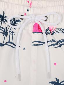 Manfinity Hombres Shorts de natación con estampado tropical de cintura con cordón - Blanco - Ver 4