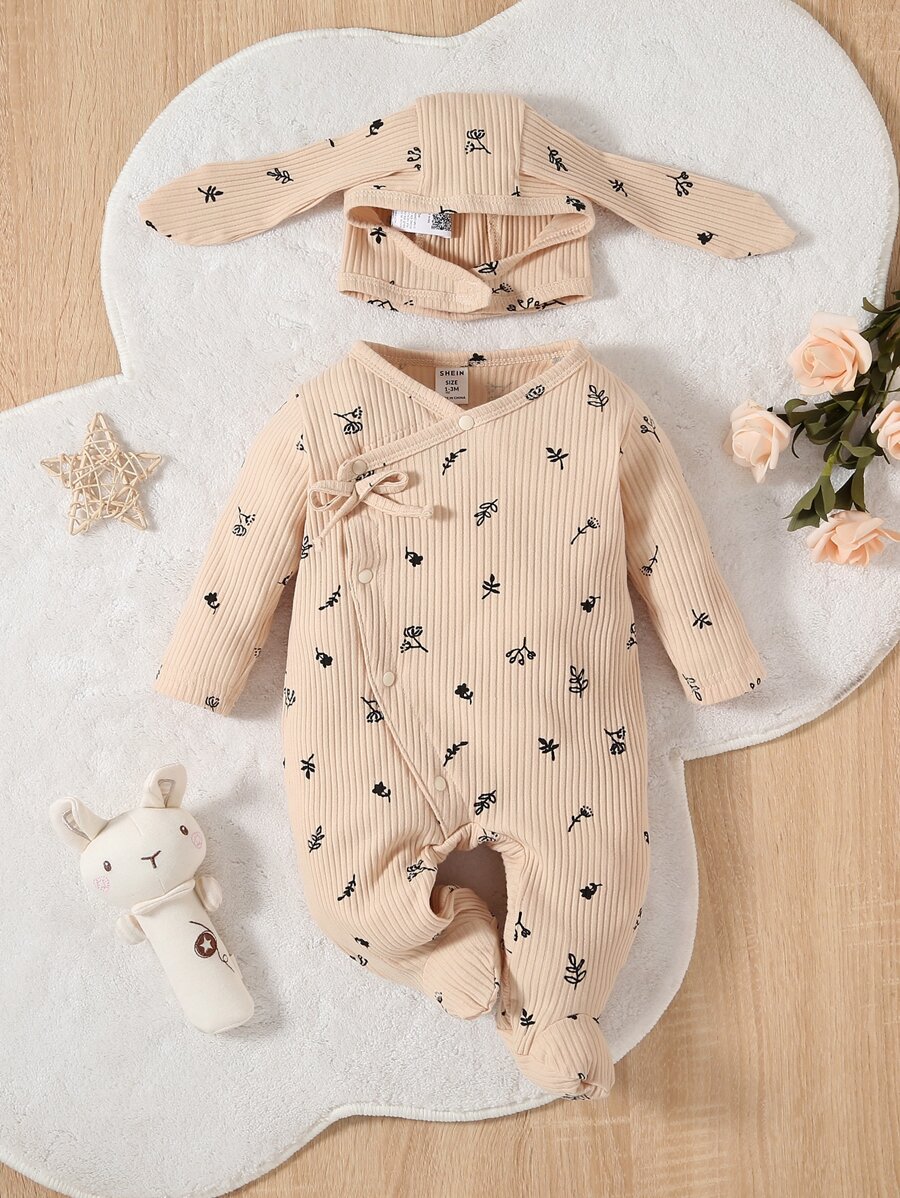 SHEIN Đồ ngủ Đứa bé Thắt nút Gân đan Hoa - Màu be - Xem 1