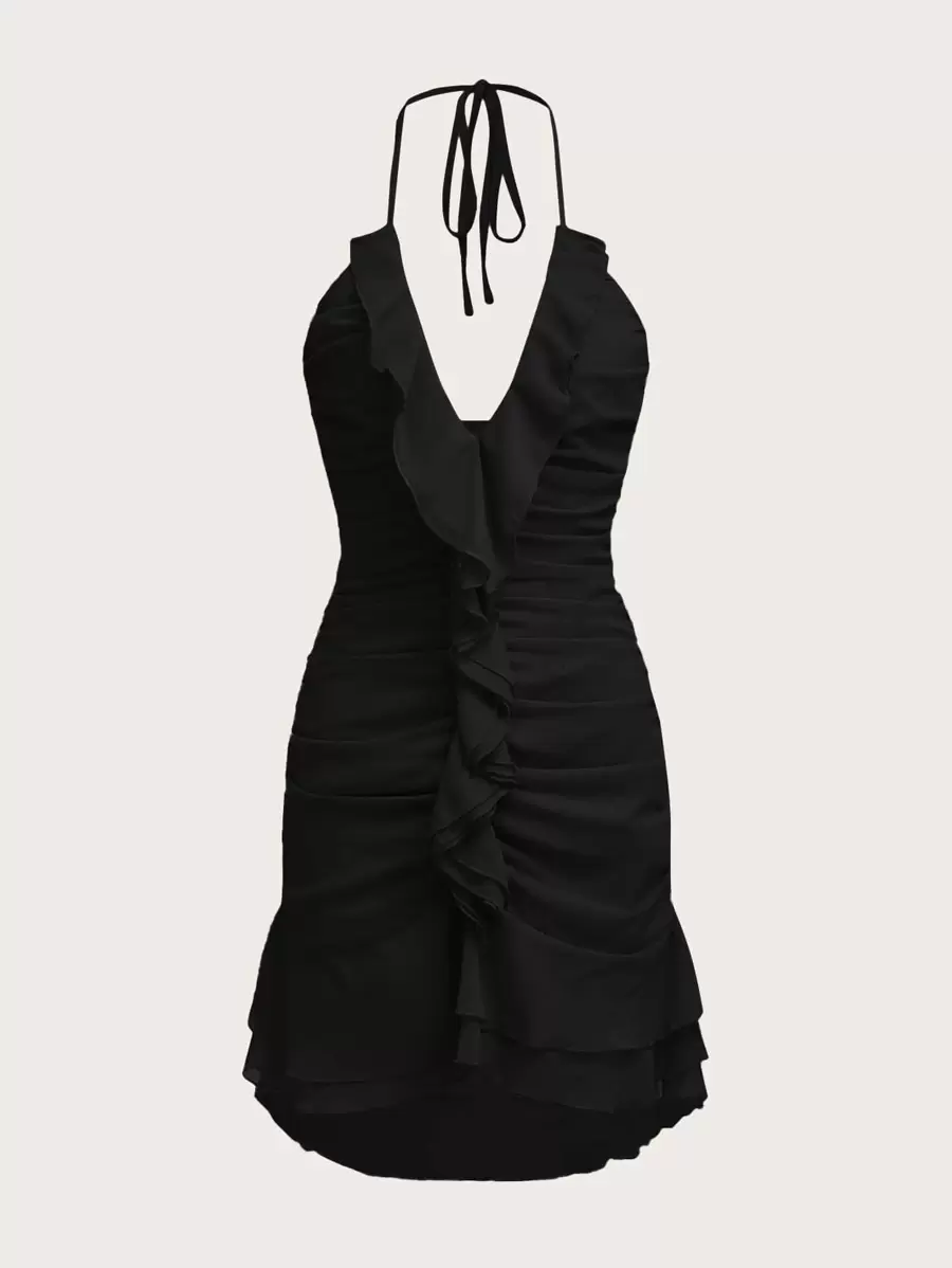 SHEIN ICON Ruched Ruffle Trim Tie Backless Halter Dress - Black - View 1