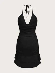 SHEIN ICON Ruched Ruffle Trim Tie Backless Halter Dress - Black - View 2