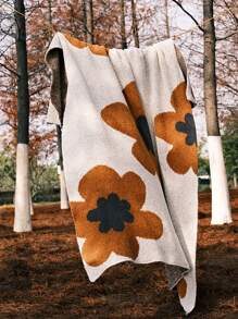 1pc Floral Print Blanket, Modern Knitted Fabric Decorative Blanket For Bed