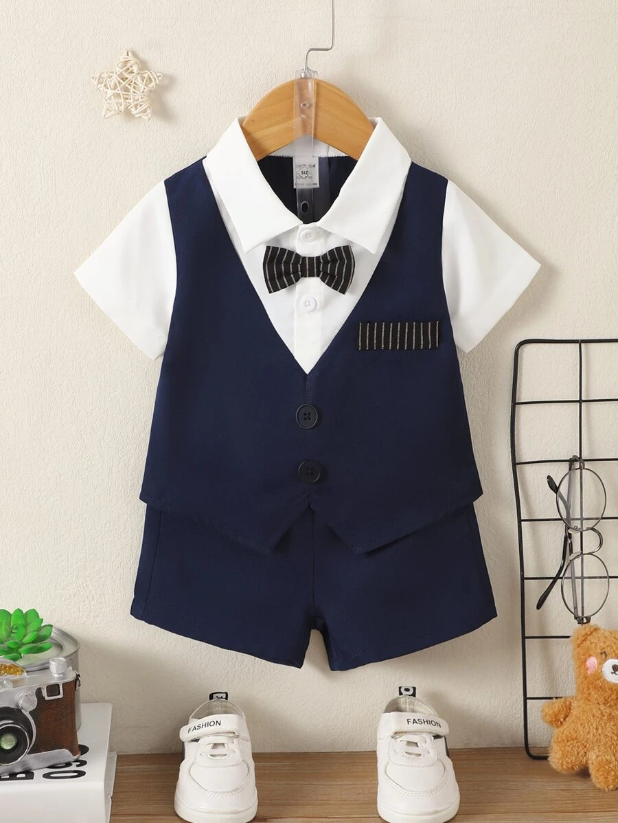 男嬰拼接領前蝴蝶結二合一襯衫和短褲 - 藍白色 - 查看 1