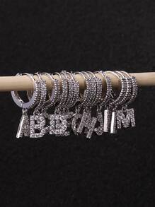 1pair European And American Luxury Copper Hoop Earrings With Cubic Zirconia And Letter Pendant For Women, Gift For Festival - Silver - View 2