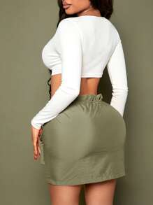 SHEIN SXY Váy nữ Nút Dây kéo Túi Quần paper-bag màu trơn Giải trí - xanh quân đội - Xem 2