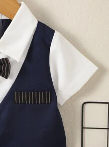 男嬰拼接領前蝴蝶結二合一襯衫和短褲 - 藍白色 - 查看 5