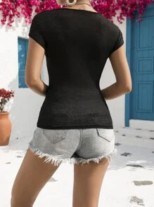 SHEIN VCAY Sweetheart Neck Ribbed Knit Tee - Black - View 2