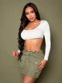 SHEIN SXY Váy nữ Nút Dây kéo Túi Quần paper-bag màu trơn Giải trí - xanh quân đội - Xem 5