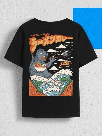 MovinkGraphic Artist Dark Tween Boy Cartoon & Letter Printed Short Sleeve Tee, Collaborative Japanese Style Hand-Drawn Print Top For Daily Wear In Summer, 95% Cotton, Holiday, New Year, Thanksgiving