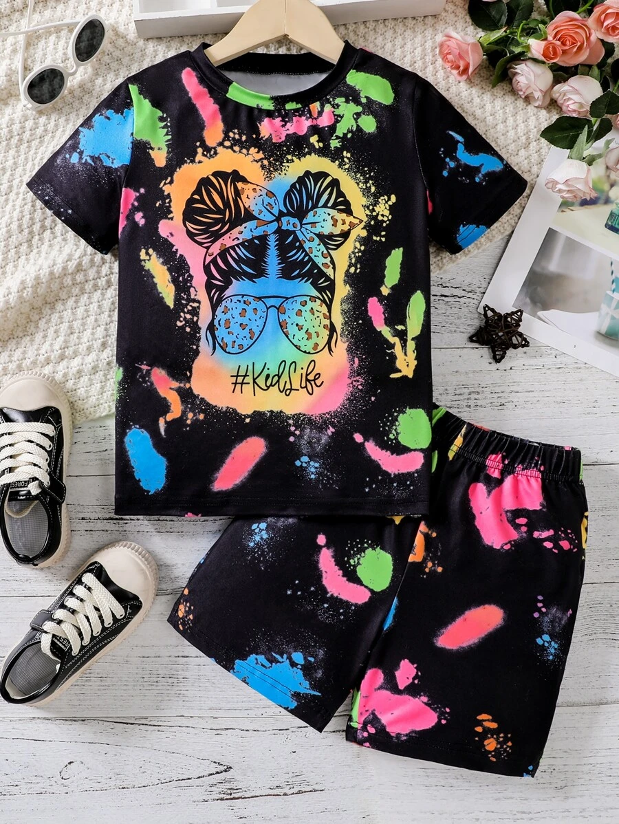Tween Girl Figure Graphic Tee & Shorts - Multicolor - View 1