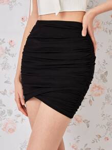 SHEIN MOD Solid Ruched Wrap Bodycon Slim Fit Date Night Black Skirt
