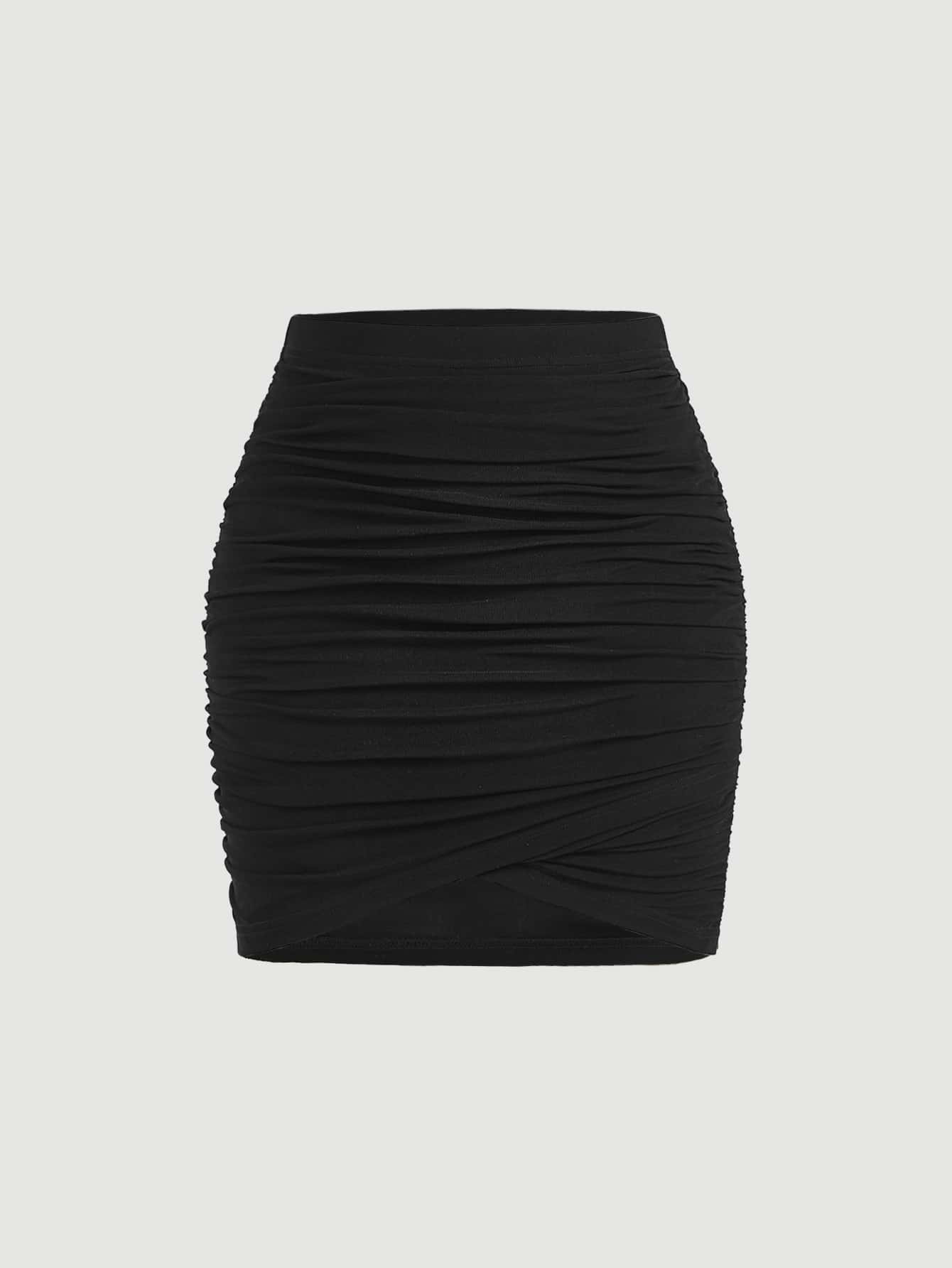 SHEIN MOD Solid Ruched Wrap Bodycon Slim Fit Date Night Black Skirt
