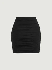 SHEIN MOD Solid Ruched Wrap Bodycon Slim Fit Date Night Black Skirt