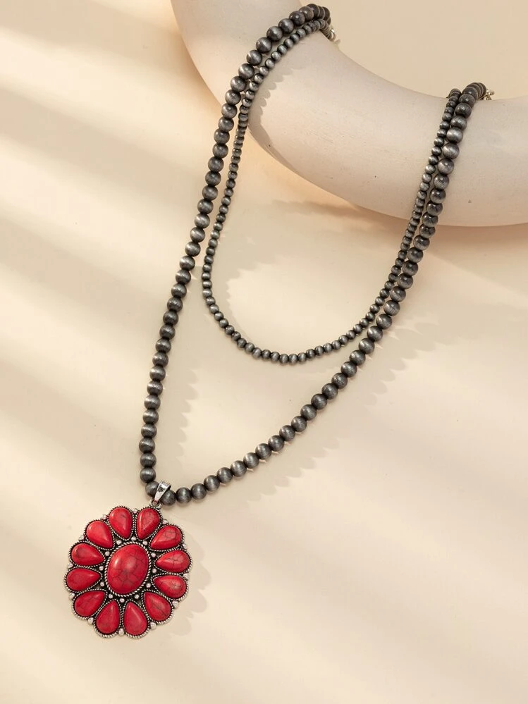 Flower Charm Beaded Layered Necklace - Red - View 9