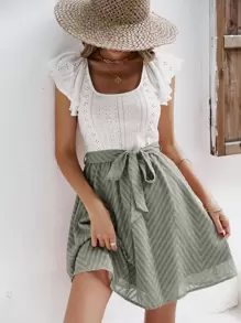 SHEIN Frenchy Eyelet Embroidery Ruffle Trim Belted Dress - Green - View 1