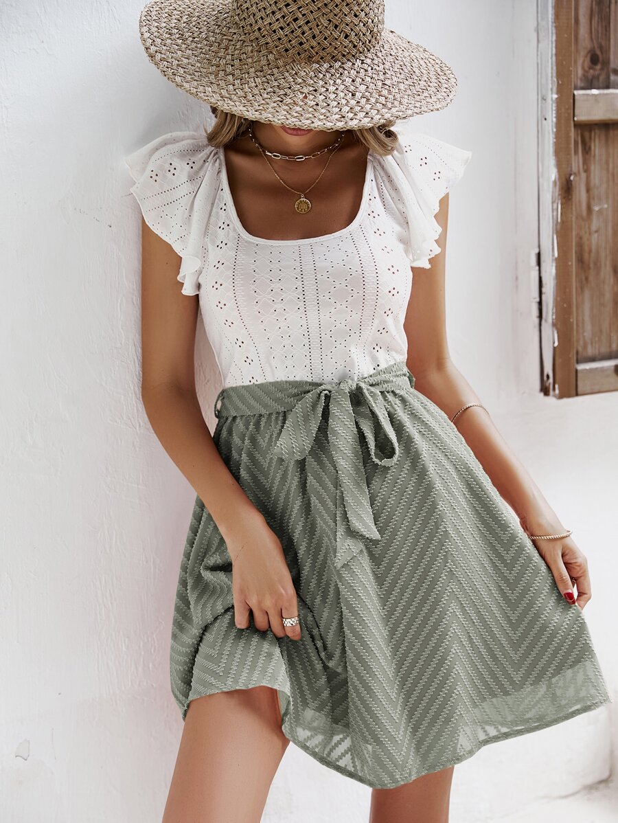 SHEIN Frenchy Eyelet Embroidery Ruffle Trim Belted Dress - Green - View 1