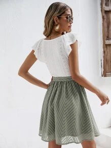 SHEIN Frenchy Eyelet Embroidery Ruffle Trim Belted Dress - Green - View 2