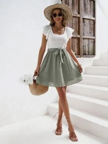 SHEIN Frenchy Eyelet Embroidery Ruffle Trim Belted Dress - Green - View 4