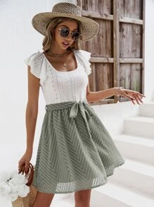 SHEIN Frenchy Eyelet Embroidery Ruffle Trim Belted Dress - Green - View 6