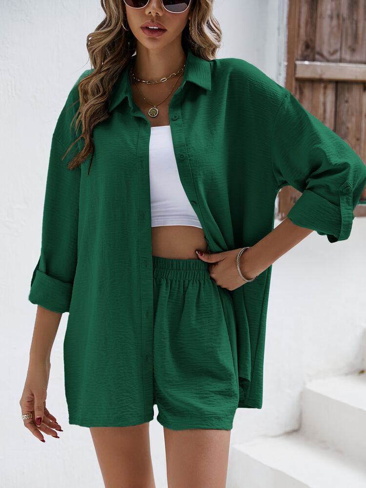 Solid Drop Shoulder Linen Shirt & Shorts Linen Fabric Suit Back To School Clothes Fall Women Clothes Old Money Style Teacher Outfits Business Women Clothes Teacher Shirts Winter Green Green Spring Casual