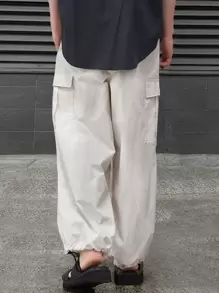 Claim Dot Pantalones De Carga Sueltos Para Hombres Con Bolsillos Con Solapa Y Dobladillo Lateral Con Cordón - Beis - Ver 4