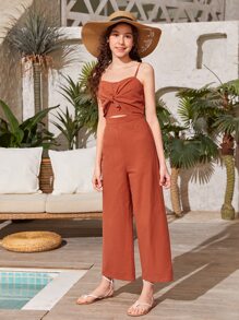 SHEIN 青少年女孩前扭結鏤空吊帶連體褲 - 亮橙色 - 查看 4