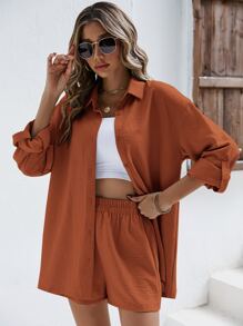 SHEIN Frenchy Solid Drop Shoulder Linen Shirt & Shorts Linen Fabric Suit Back To School Clothes Fall Women Clothes Old Money Style Teacher Outfits Business Women Clothes Teacher Shirts Winter Casual Spring - Burnt Orange - View 3