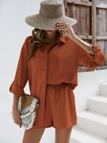 SHEIN Frenchy Solid Drop Shoulder Linen Shirt & Shorts Linen Fabric Suit Back To School Clothes Fall Women Clothes Old Money Style Teacher Outfits Business Women Clothes Teacher Shirts Winter Casual Spring - Burnt Orange - View 5