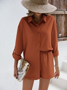 SHEIN Frenchy Solid Drop Shoulder Linen Shirt & Shorts Linen Fabric Suit Back To School Clothes Fall Women Clothes Old Money Style Teacher Outfits Business Women Clothes Teacher Shirts Winter Casual Spring - Burnt Orange - View 6