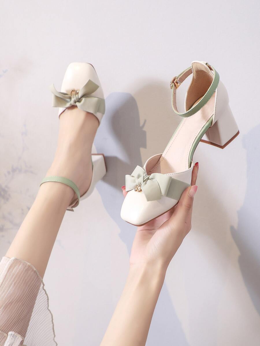 女士时尚高跟鞋，经典PU皮革方头高跟鞋，撞色镂空设计，优质莱卡面料蝴蝶结装饰，金色开口环扣粗跟鞋，优雅杏色高跟鞋，适合户外和日常穿着，优雅，派对 - 杏色 - 查看 1