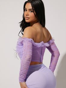 Hauture Ruffle Off Shoulder Ruched Sleeve Top - Lilac Purple - View 2