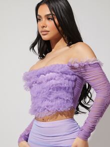 Hauture Ruffle Off Shoulder Ruched Sleeve Top - Lilac Purple - View 4