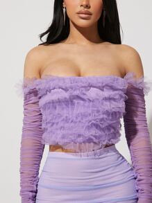 Hauture Ruffle Off Shoulder Ruched Sleeve Top - Lilac Purple - View 6