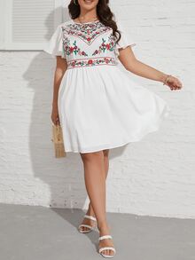 SHEIN VCAY Đầm Plus Size Dây kéo Hoa Boho - trắng - Xem 3