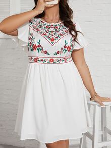 SHEIN VCAY Đầm Plus Size Dây kéo Hoa Boho - trắng - Xem 5