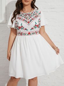 SHEIN VCAY Đầm Plus Size Dây kéo Hoa Boho - trắng - Xem 6