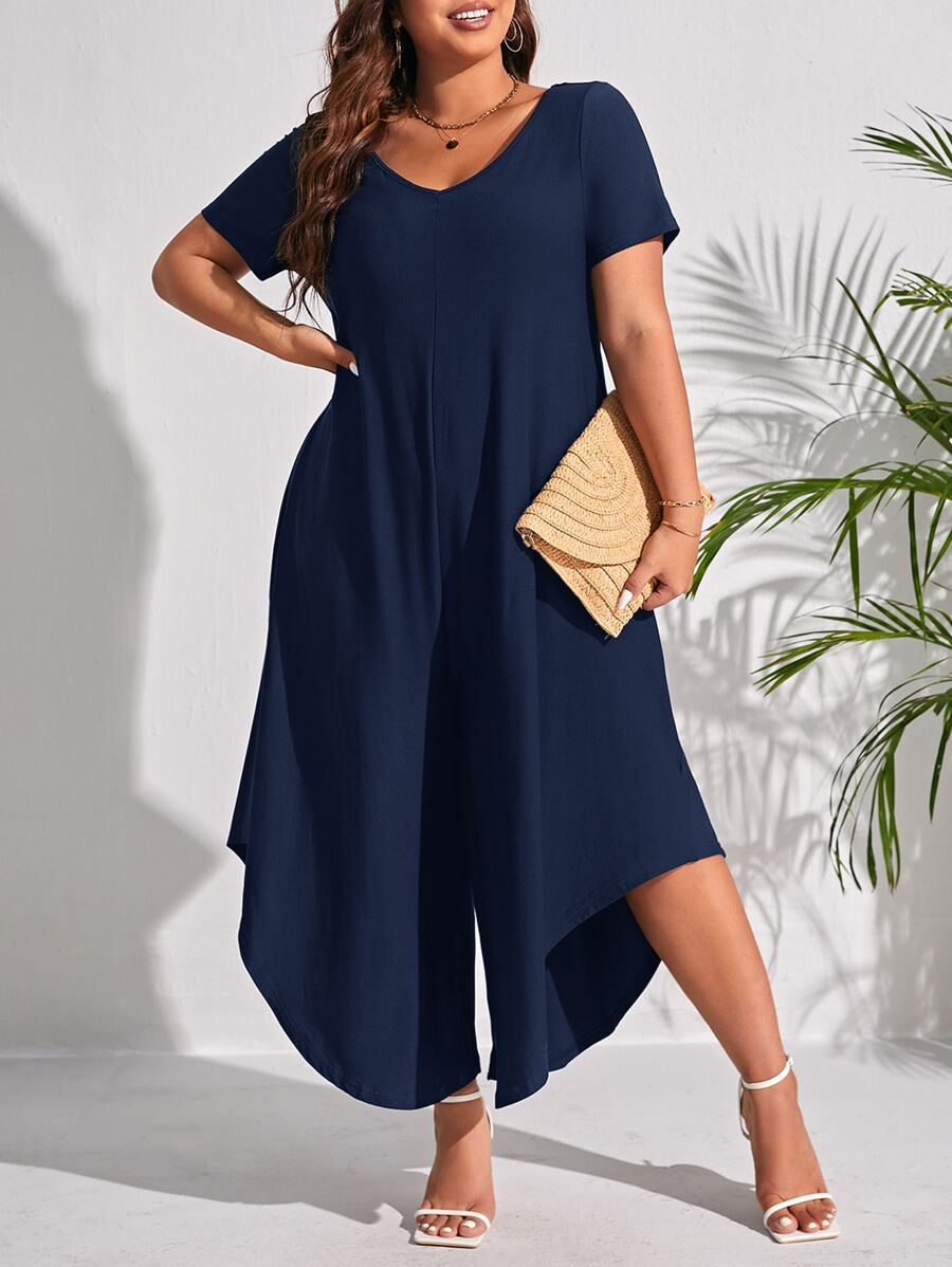 SHEIN LUNE Jumpsuits Plus Size Bất đối xứng màu trơn Giải trí - Màu xanh hải quân - Xem 1