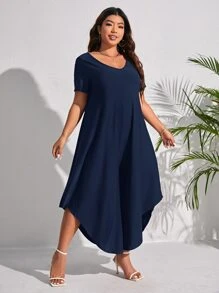 SHEIN LUNE Jumpsuits Plus Size Bất đối xứng màu trơn Giải trí - Màu xanh hải quân - Xem 5