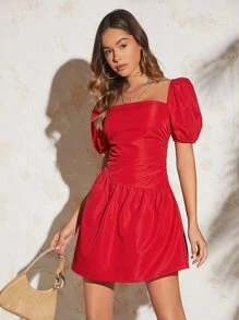 SHEIN VCAY Square Neck Puff Sleeve Dress - Red - View 4