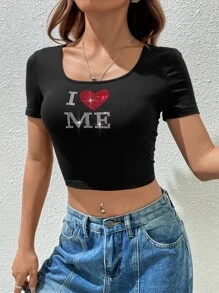 SHEIN Coolane Rhinestone Letter & Heart Pattern Crop Tee - Black - View 6