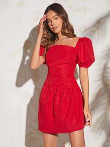 SHEIN VCAY Square Neck Puff Sleeve Dress - Red - View 5